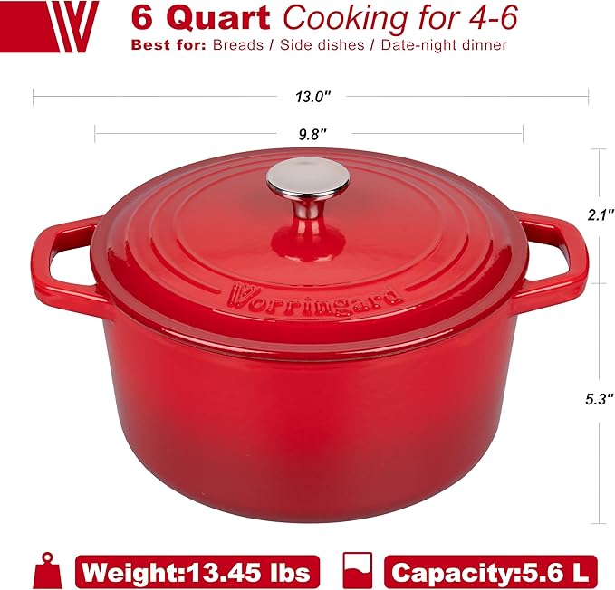VORRINGARD Enameled Cast Iron Dutch Oven Pot with Lid, for Bread Baking, Round Bread Oven- include Sourdough Bread Baking Supplies Set, 6QT, Red