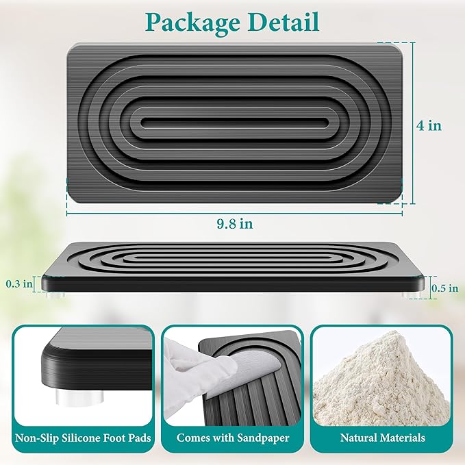 Water Absorbing Stone Tray, Quick Drying Diatomite Bathroom Tray Countertop, Stone Drying Mat for Kitchen Counter, Soap Dish Dispenser Vanity Organizer, Dark Grey-A-9.8" x 4"