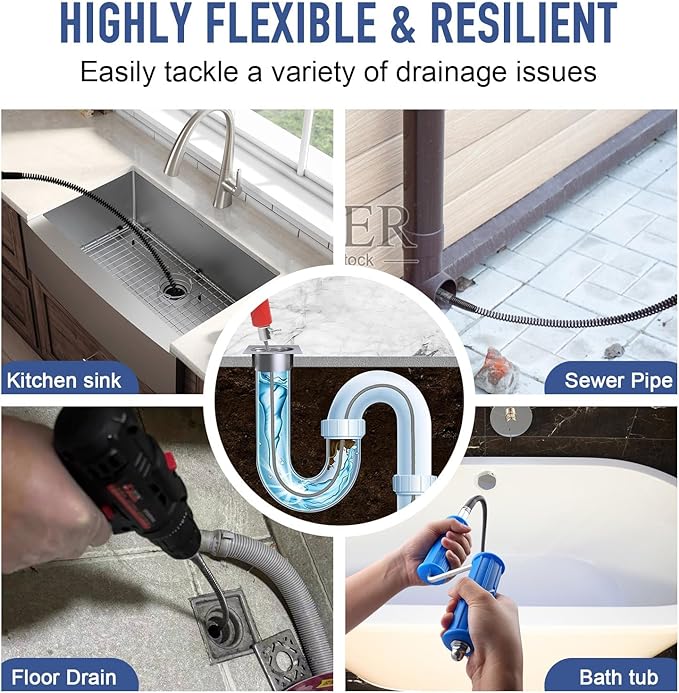 Drain Snake, Drain Auger with Drill Attachment, 16.4 Feet By 12 MM Plumbing Snake Auto Feed Flexible Hair Drain Clog Remover for Kitchen, Bathrom and Shower Sink