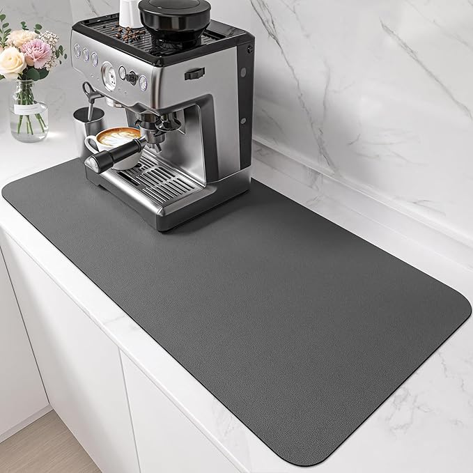 PoYang 31.5"x17" Coffee Mat X-Large, Coffee Bar Accessories for Countertop, Absorbent Dish Drying Mat, Anti-Slip and Hide Stain Pad for Espresso Machine, Espresso Maker and Kitchen Counter, Gray