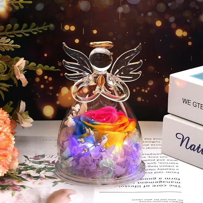 Mothers Day Mom Gifts for Mom,Fresh Flowers for Delivery,Birthday Gifts for Women Her,Preserved Flowers in Angel Figurines,Angel Gifts for Moms Mothers Day Grandma Wife Sister,Light Up Rainbow Gift