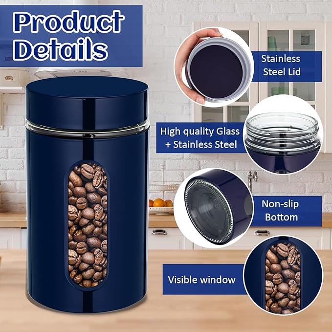 Mimorou 6 Pack Kitchen Canisters Set Airtight Coffee Sugar Tea Storage Jars with Window Glass Stainless Steel Containers with Lids for Flour Cookies Spices Grains Kitchen Decorations (Navy Blue,32 oz)