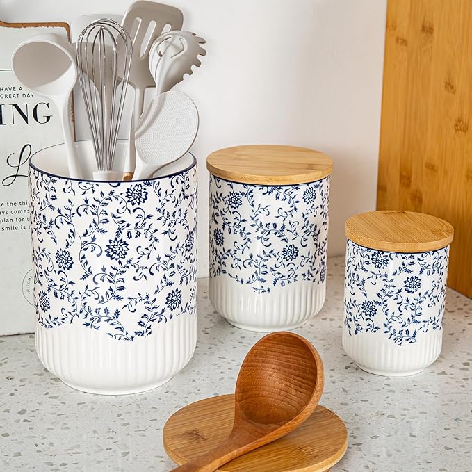 Canisters Sets for Kitchen - Ceramic Kitchen Containers for Countertop with Airtight Wood Lids - Flour and Sugar Containers for Coffee Tea Spice Beans Cookie Jars - Blue Set of 3
