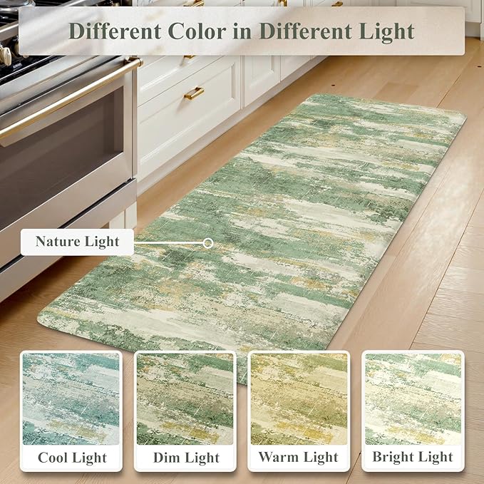 Collive Kitchen Mats for Floor Anti Fatigue, Green Abstract Non Skid Kitchens Sink Rug 2 Piece Waterproof, Memory Foam Comfort Standing Mat for Laundry, Desk, Home Office, 20" x 47" + 20" x 32"