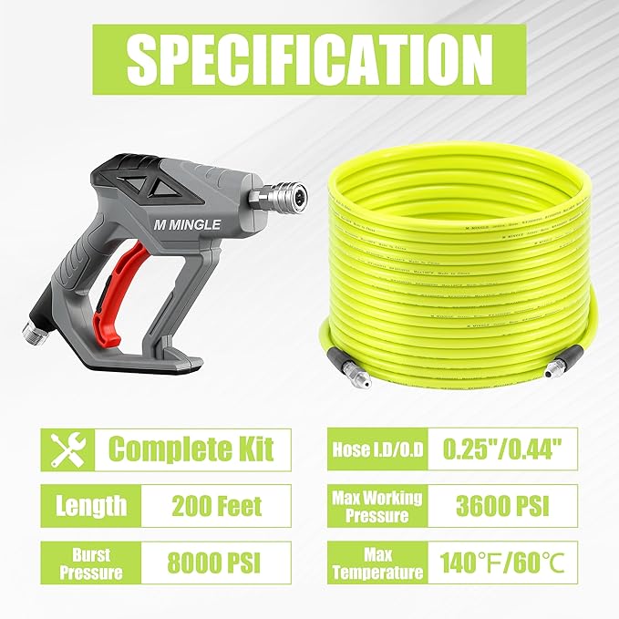M MINGLE Sewer Jetter Kit for Pressure Washer 200 FT, Drain Cleaner Hose with Power Washer Gun, 1/4 Inch NPT Corner Rotating and Button Nose Sewer Jetting Nozzle, Orifice 4.0, 4.5