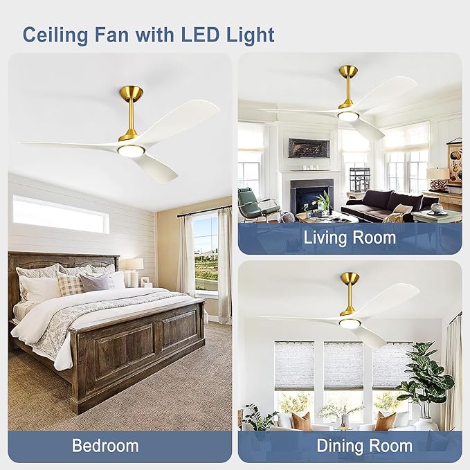 Outdoor Ceiling Fan with Light: 52 Inch 3 Blade Outdoor Fans for Patios - Modern White Gold Ceiling Fan with Remote Control Ultra Quiet Reversible DC Motor Timer