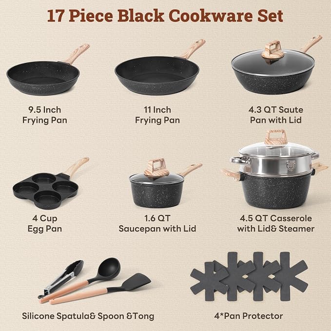 SODAY Pots and Pans Set Non Stick, 17Pcs Black Granite Induction Cookware | PFAS/PFOA/PFOS Free Nonstick Kitchen Cooking Set, Stay-Cool Handles, Pot Protectors, Eggs Pan, Fry Pans & Saucepans