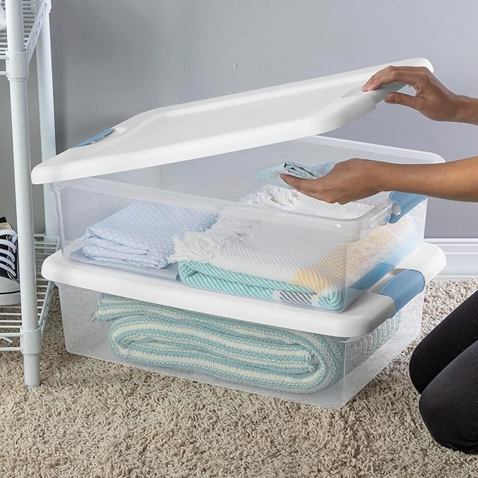 Sterilite 12-Pack Latching Box, Under Bed Storage Bins with Lids, Clear Plastic, 32 Quart - Heavy-Duty Organizing Containers for Closet, Bathroom, and Office