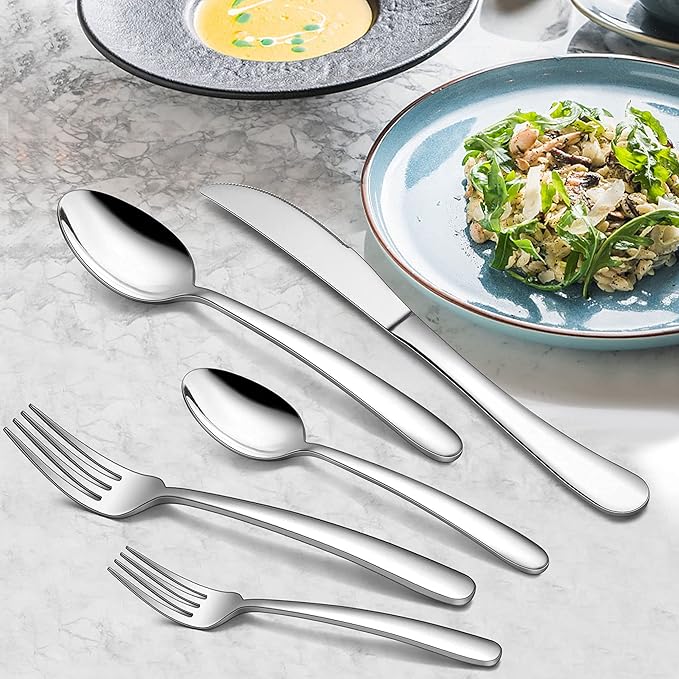 LIANYU 45-Piece Heavy Duty Silverware Set with Serving Utensils, Stainless Steel Flatware Cutlery Set for 8, Eating Utensils Tableware Include Forks Knives Spoons, Mirror Finished, Dishwasher Safe