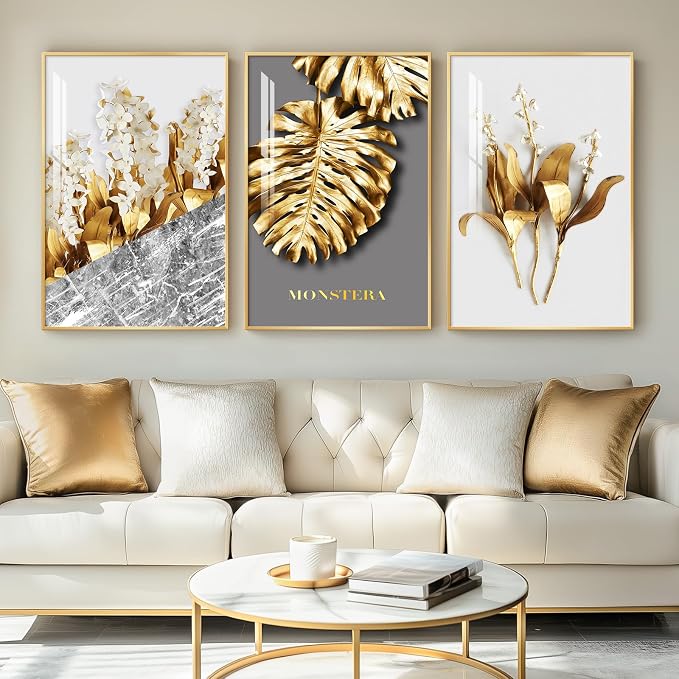 Framed Modern Luxury Large Gold Wall Art for Living Room, Set of 3 Piece Contemporary Paintings Artwork for Walls, Golden Leaf Prints with Gold Frame, Pictures for Office Wall Decor - Total 30" x 60"