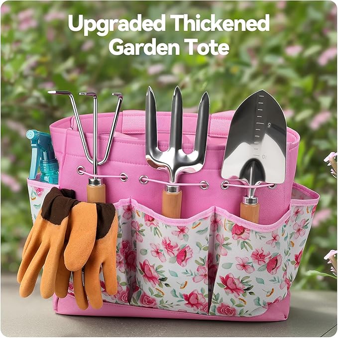 Grenebo Gardening Tools 9-Piece Heavy Duty Garden Hand Tools with Fashion and Durable Garden Tools Organizer Handbag, Rust-Proof Garden Tool Set, Ideal Gardening Gifts for Women (Pink)