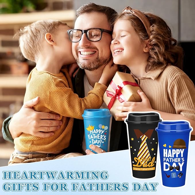Domensi 12 Pack Fathers Day Cups Bulk 16 oz Father's Day Coffee Cups with Lids, Reuable PP Drinks Tumbler Happy Fathers Travel Mugs for Dad, Office, Camping, BBQ Party Supplies Gifts for Men