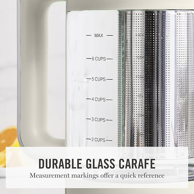 Martha Stewart Electric Kettle with Removable Stainless Steel Tea Infuser, Glass Carafe 1.7L (7 Cups), Hot Water Boiler, 4 Presets, Keep Warm & Auto Shut-Off, Cordless 360° Swivel Base, Linen White