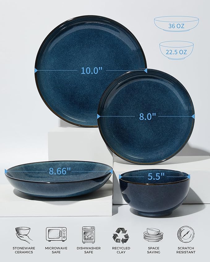 Pokini 32 Piece Double Bowl Dinnerware Sets with Pasta Bowls, Highly Chip and Crack Resistant Plates and Bowls Sets, Natural Earthyware Ceramic Dishware Sets, Service for 8 Starry Blue