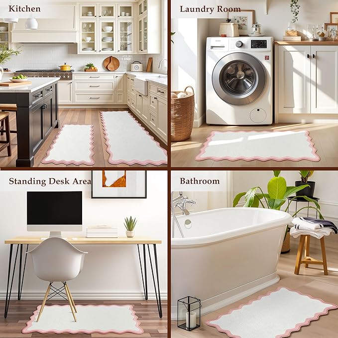 Arenarug Scalloped Pink Kitchen Mats Rugs Sets of 2 Cushioned Anti Fatigue Floor Mat Waterproof Kitchen Rugs Non Slip Foam Comfort Standing Mat for Sink Laundry