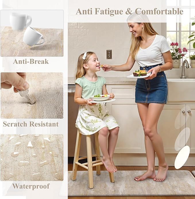 Collive Anti Fatigue Mats for Kitchen Floor, Abstrac Non Slip Kitchen Rugs Sets of 2 Cushioned Modern Desk Mat, Waterproof Comfort Standing Mat for Sink, Home Decor, 20" x 47" + 20" x 32", Beige/Cream