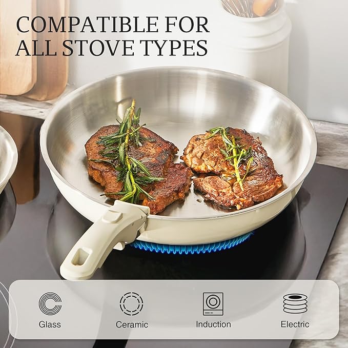 KITEXPERT Non Stick Stainless Steel Pan Set – 8", 10", 12" Tri-Ply Frying Pan Skillet with Removable Handles, PFOA-Free, Cream White Ceramic Exterior, Dishwasher safe, Compatible with All Stovetops