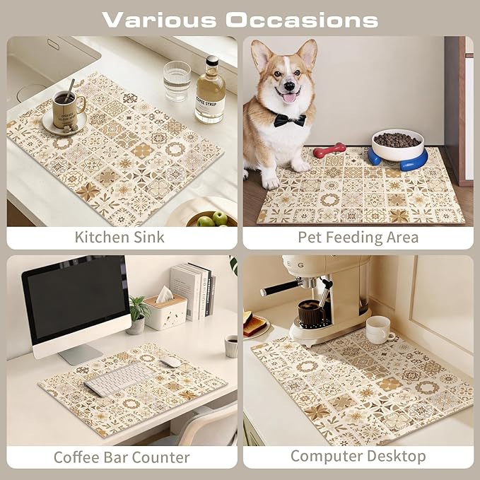 Boho Coffee Espresso Accessories Hide Stain Cuttable Placemat Quick Dry Dish Mat for Kitchen Counter Sink 16"X24" (Elegant Mosaic B)