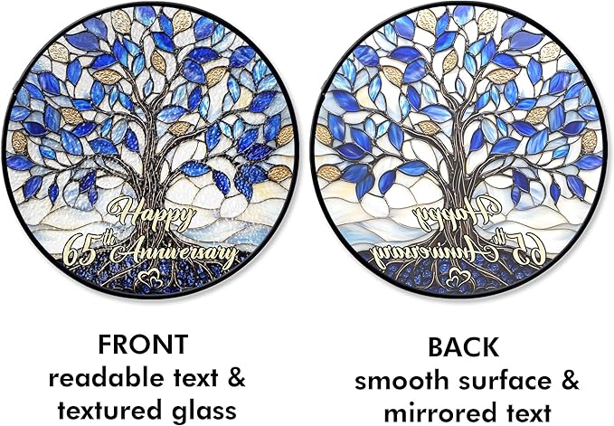 65th Wedding Anniversary Faux Stained Glass Suncatcher, 65 Years of Marrisage Keepsake Ornament, Blue Sapphire Wedding