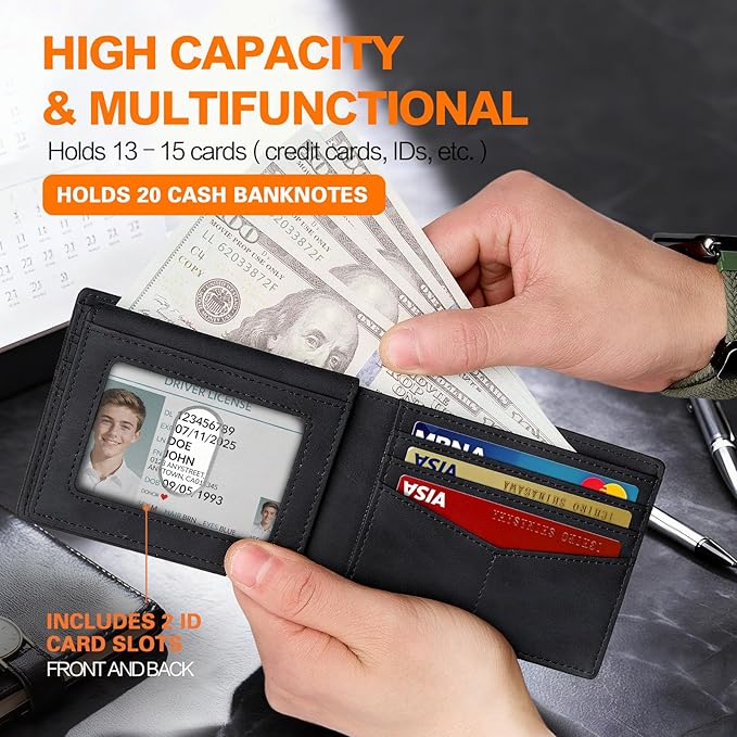 Wallet for Men Slim RFID Blocking Bifold Carbon Fiber,Minimalist Small Compact Front Pocket Credit Card Holder,Thin Mens Leather Wallets Smart Security With 2 ID windows 1 Cash (Crazy Horse Black)