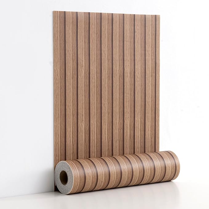 Haimin Wood Grain Slat Wall Panels Peel and Stick Faux Wood Thick Wallpaper 118"x15.75" Waterproof PET & IXPE Foam Paneling (Brown)