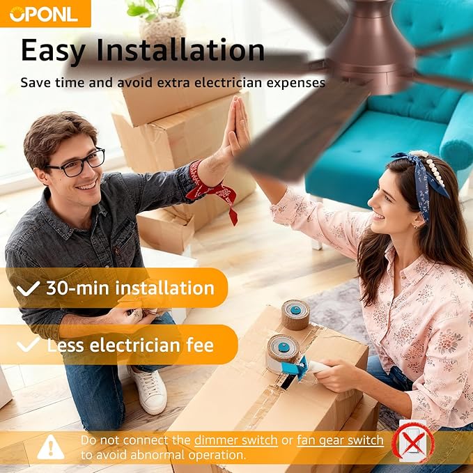 OPONL 52 Inch Brown Ceiling Fan with Light, Remote Control, Low Profile, Noiseless, Reversible, Dimmable, Timeable, Metal Housing, Flush Mount Ceiling Fans with Lights for Bedroom, Indoor/Outdoor Use