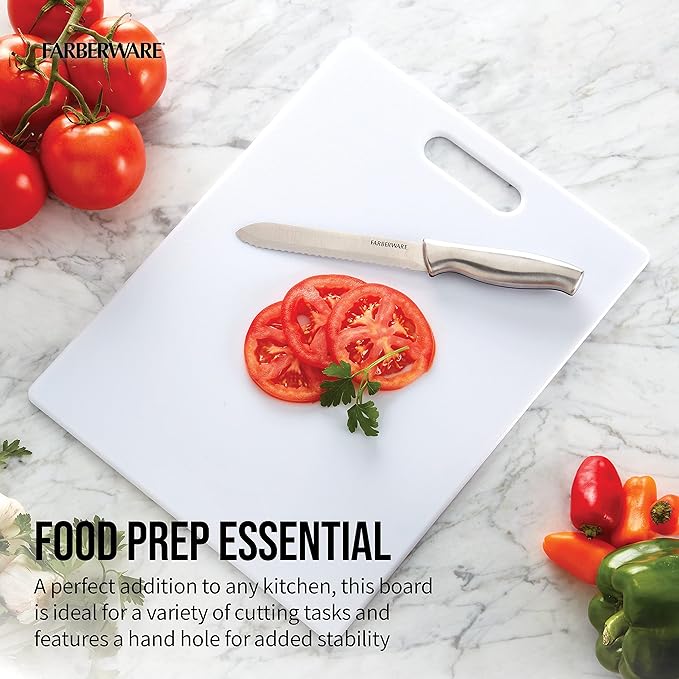 Farberware Large Cutting Board, Dishwasher- Safe Plastic Chopping Board for Kitchen with Easy Grip Handle, 11-inch by 14-inch, White
