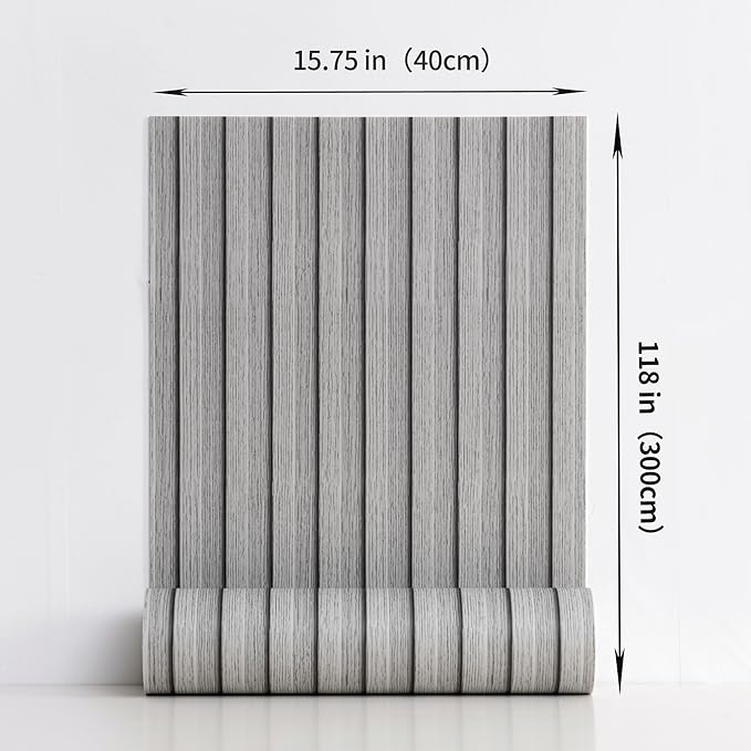 Haimin Wood Grain Slat Wall Panels Peel and Stick Faux Wood Thick Wallpaper 118"x15.75" Waterproof PET & IXPE Foam Paneling (Light Gray)