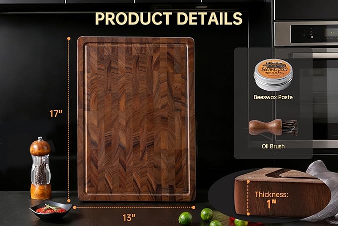 THETCHRY Walnut Cutting Boards for Kitchen, End Grain Wooden Cutting Board, Large Chopping Board Double Sided with Handle, Thick Butcher Block Charcuterie Meal Prep & Serving with Gift Box, 17"×13"×1"