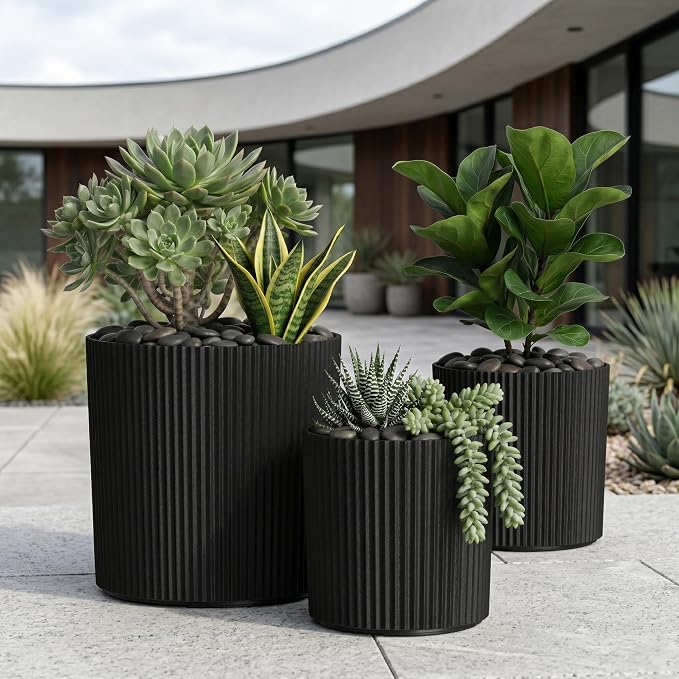 Mayne Haven Set of 3 (10in, 12in, and 14in) Fluted Planter, Round Planters for Outdoor Plants, Lightweight Concrete Look Plant Pots for Porch, Patio, Garden and Entryway Décor, Black