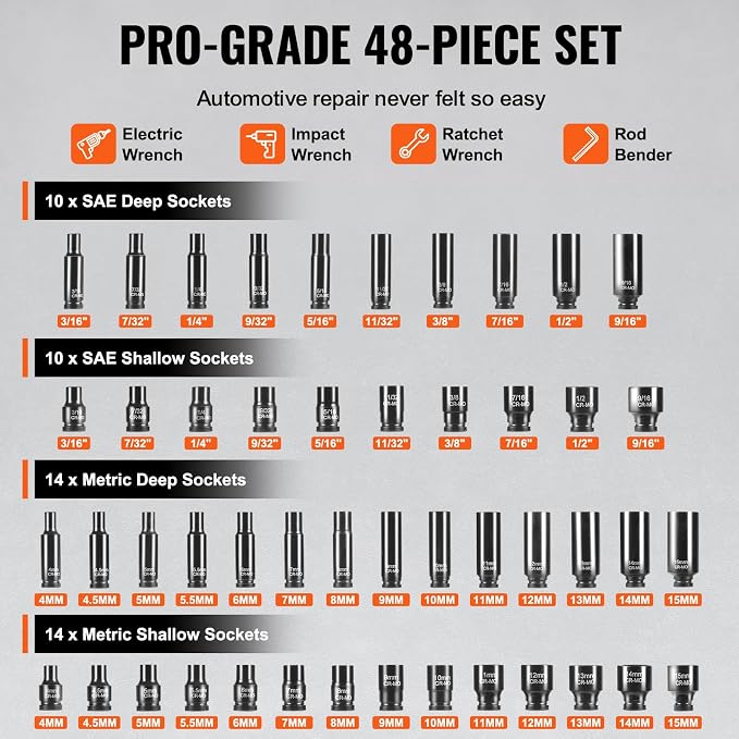 VEVOR Drive Impact Socket Set 1/4" - 48 Piece Deep & Shallow Socket Set SAE 3/16"-9/16" and Metric 4-15mm - 6 Point Cr-Mo Alloy Steel for Auto Repair - Easy-to-Read Size Markings Storage Case