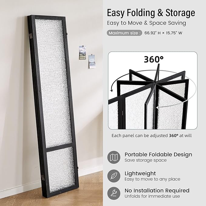 Acrylic Room Divider 4 Panel 67" Tall Room Divider and Privacy Screen with Solid Paulownia Wood Frame, Freestanding Partition Divider for Room Separation, Home, Bedroom, Office - Black