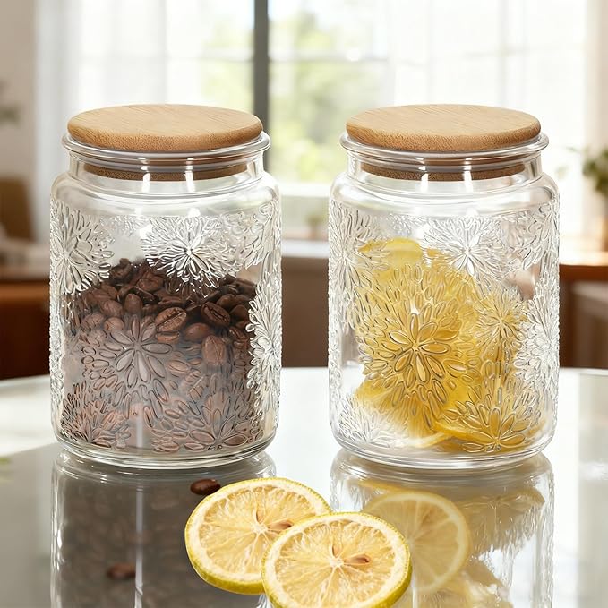 1Pc Snowflakes Style Vintage Glass Candy Jar with Airtight Bamboo Lid, Kitchen Storage Canister for Sugar, Coffee, Tea, Cookies, Bath Salt - Decorative Mason Jar for Pantry & Counter (1, Clear, 24oz)
