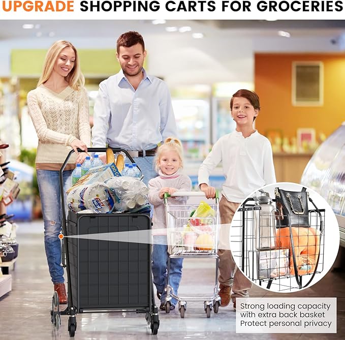 [Upgrade] Shopping Cart for Groceries, 280 LBS Large Grocery Cart with Waterproof Liner, 360° Rolling Swivel Wheels, Heavy Duty Utility Cart Folding Shopping Carts for Laundry Luggage Gift