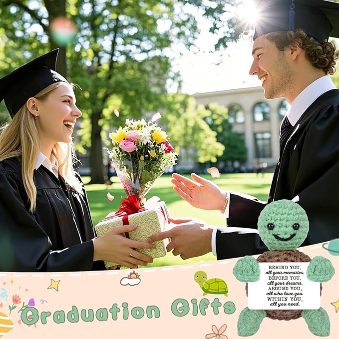 4THFARMES Mini Funny Turtle Graduation Gifts for Her Him College High Middle Elementary School Preschool Kindergarten Graduation Gifts, 2026 Graduates Handmade Emotional Positive Crochet Turtle