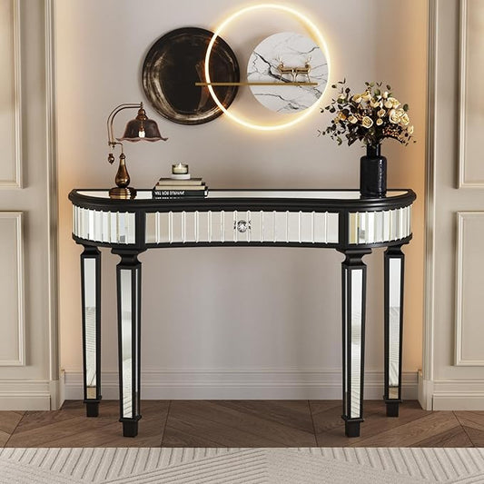 SSLine Mirror Console Table for Living Room 47" Half-Moon Mirrored Entryway Table with Fluted Glass & Crystal Knob Drawer Modern Luxury Black Silver Mirror Foyer Tables for Hallway Entrance