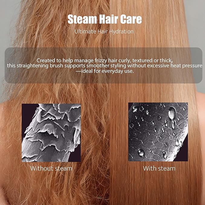 Steam Hair Straightener Brush, 3-in-1 Hair Straightening Brush for Frizzy, Curly & Thick Hair and Short Hair, Steamer Straightener Brush for Anti-Frizz, Steamer for Reduced Heat Damage, Dual Voltage