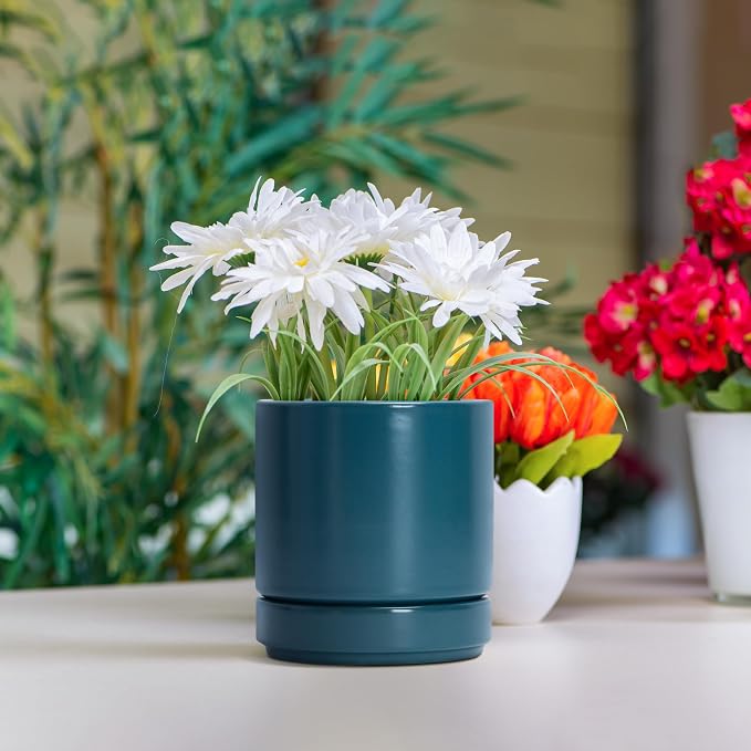 D'vine Dev 4.7 Inch Ceramic Planter Pot, Teal, 94-O-B-9 | Modern Cylinder Design, Drainage Hole & Saucer Included, Stable Structure, Elegant Home Accent