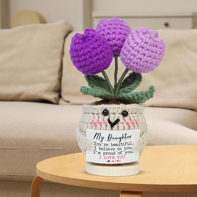OASSIE Birthday Gifts for Daughter - Handmade Emotional Support Crochet Tulip with Card - Inspirational Appreciation Mothers Day Graduation Gifts for Women Daughter Granddaughter