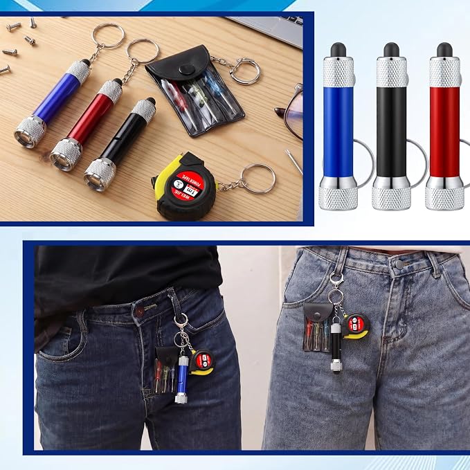 Jutom 9 Pcs Mini Tape Measure Keychain Screwdriver LED Light Keychain Bulk Men Adult Tool Party Gifts Prize for Man Father's Day Housewarming Gifts Adult Useful Tool Favors (Blue,Black,Red)