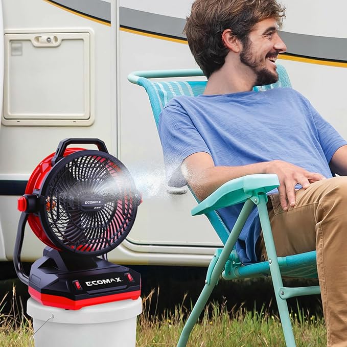 ECOMAX 12" AC/DC Bucket Top Misting Fan, Cordless with 2x20V Batteries & 2A Charger, 2-Speed Airflow & 2-Speed Mist Cooling Fan for Outdoor, Patio, Camping, Fits for 5-Gallon Bucket & Garden Hose