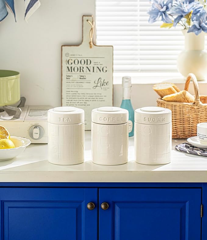 Bright Lattice Ceramic Canisters Sets For The Kitchen Canisters For Countertop Set of 3 Airtight Coffee Canisters For Ground Coffee Sugar Container Tea Storage Jars With Lid