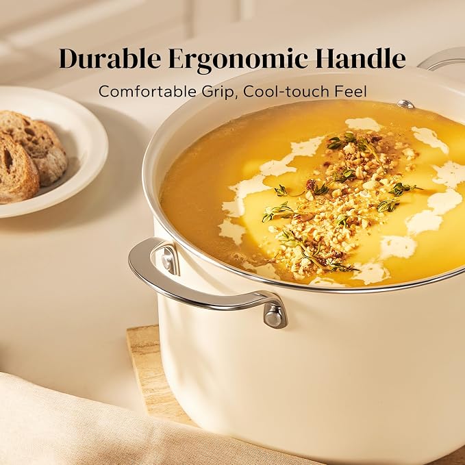 Redchef Ceramic Stock Pot with Lid, 8 Qt Soup Pot Nonstick for Family Cooking, Pasta Pot Large Induction Cooking Pot, Stay-Cool Handles, Even Heating, Oven/Dishwasher Safe, PFOA Free, Beige