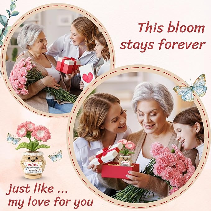 Gifts for Mom from Daughter Son - Cute Mothers Day Birthday Gifts for Moms - 6.23'' x 2.56'' Knitted Positive Inspirational Carnation Flowers Mother's Day Mom Crochet Doll