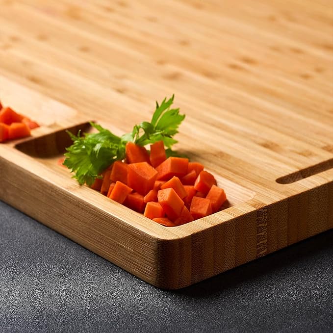 Large Bamboo Wood Cutting Board for Kitchen, Cheese Charcuterie Board with 3 Built-in Compartments and Juice Grooves, Butcher Block (17x12.6")