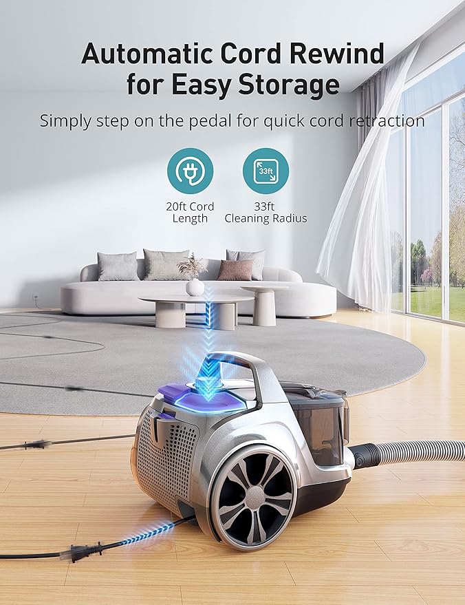 Aspiron Canister Vacuum, Upgraded 1600W Bagless Canister Vacuum Cleaner | Auto Cord Rewind, H13 HEPA Filter, 4Qt Large Capacity, 5 Tools for Hard Floors, Carpet, Pet, Upholstery, Tiles, Champagne