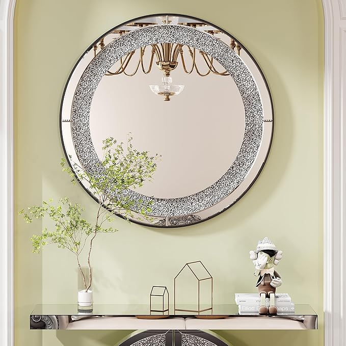SSLine 2-Piece Set Mirrored Console Table with Wall Mirror, 43" Modern Mirrored Entryway Table with Crystal O-Shape Base, 33.5" Round Crush Diamond Decor Mirror for Entryway Hallway
