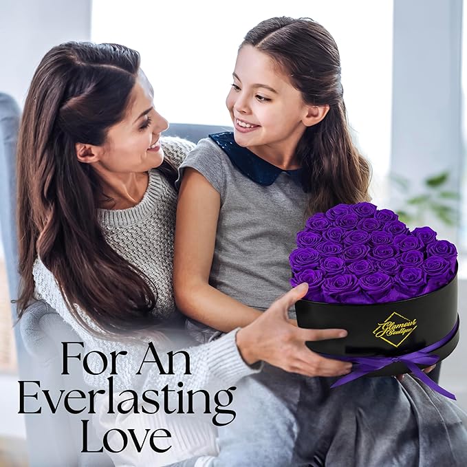 GLAMOUR BOUTIQUE 27 Flower Forever Heart Shape Box, Eternal Preserved Roses Gift for Her, Lasting Flowers, Premium Floral Heart Box for Birthday, Anniversary or Valentine’s Day, Purple (Color-Treated)