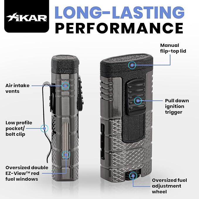 XIKAR Tactical Triple-Jet Lighter, Gunmetal and Black | Powerful Jet Flame for Cigars with Pocket Clip, EZ-View Fuel Window, Adjustable Flame Height & Pull Down Ignition Trigger, Ideal for Outdoor Use
