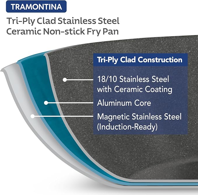 Tramontina Signature 8-Inch Tri-Ply Clad Stainless Steel Small Frying Pan | Ceramic Non Stick Interior, Induction-Ready Skillet, Oven-Safe